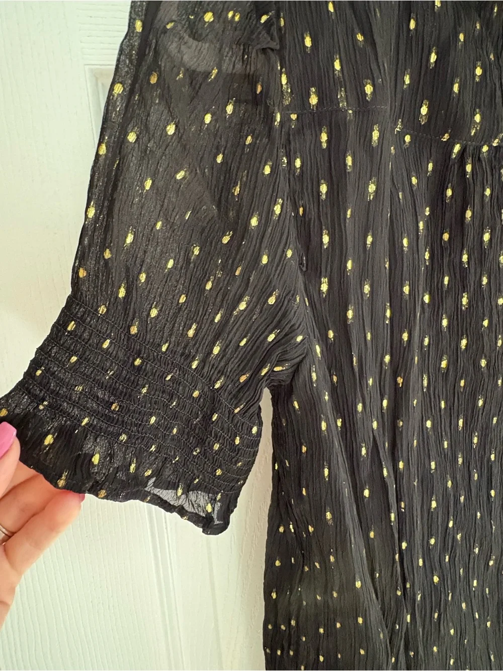 J. Crew Black Blouse with Gold Metallic Dots